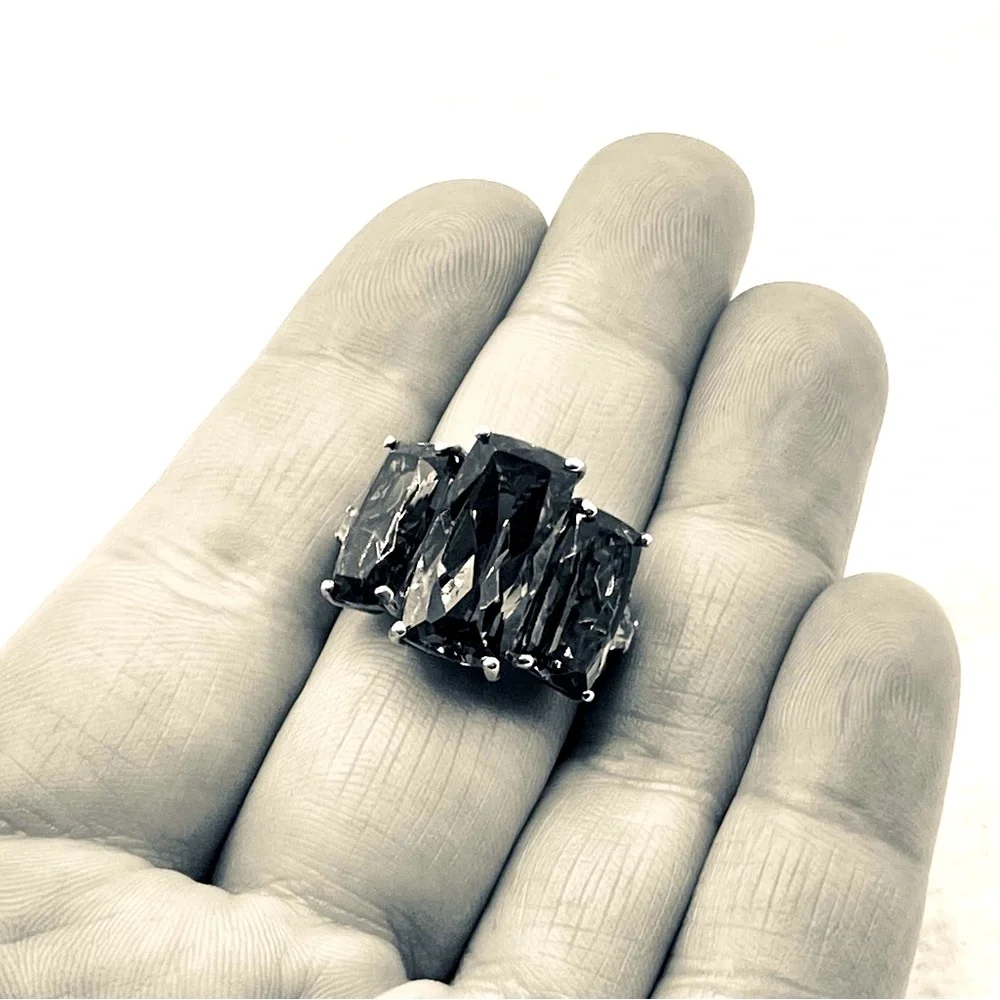 Huge Color Change Lab Sapphire Trilogy Cocktail Ring. Platinum over Sterling - Picture 13 of 16